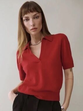 REFORMATION Louise Cashmere Knit Short-Sleeve Polo Sweater EUC/size Large Red